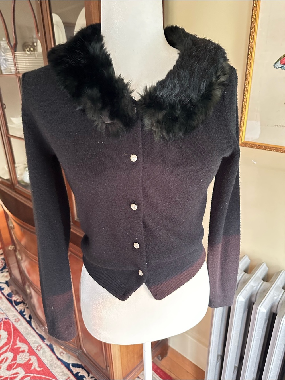 Vtg 50s/60s Orlon‎ Cardigan Fur Collar Pearl Button Black XS Rockabilly Coquette